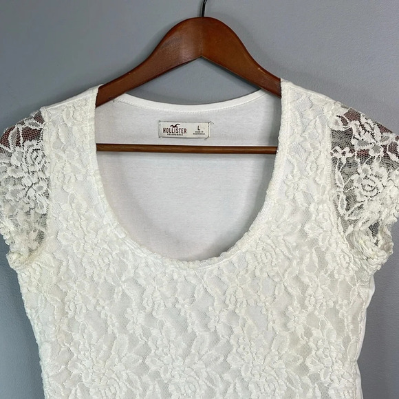 HOLLISTER Lace Overlay Crop T-Shirt Ivory White L - Picture 3 of 10